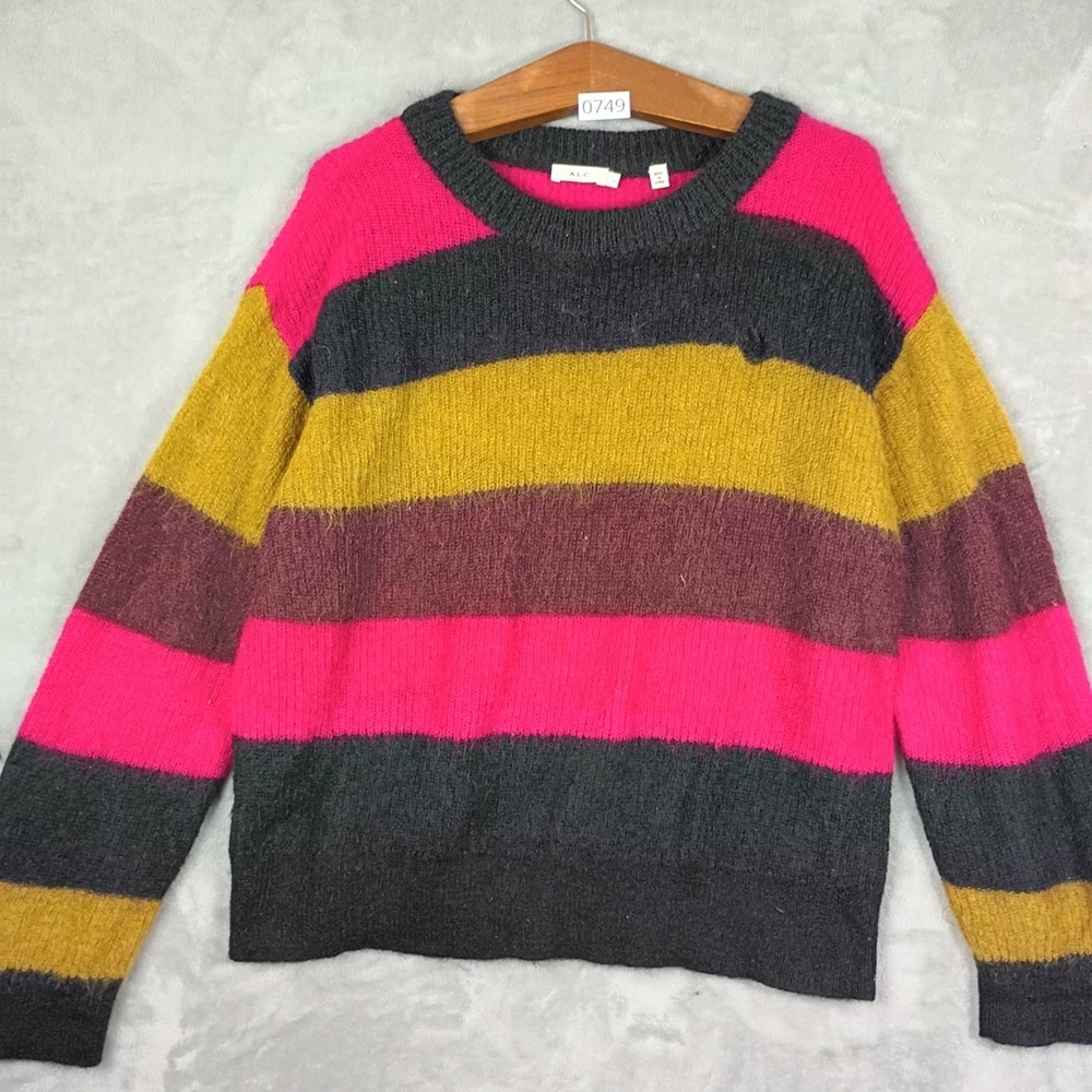 A.L.C. Mohair Blend Sweater Womens L Multi Color Striped Fuzzy Knit Retro Boho